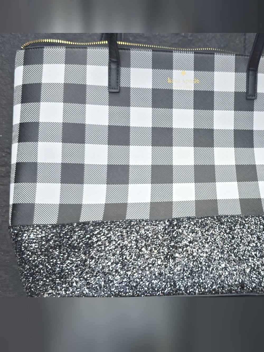 kate spade Black and White Checkered Tote with Silver Glitter Base